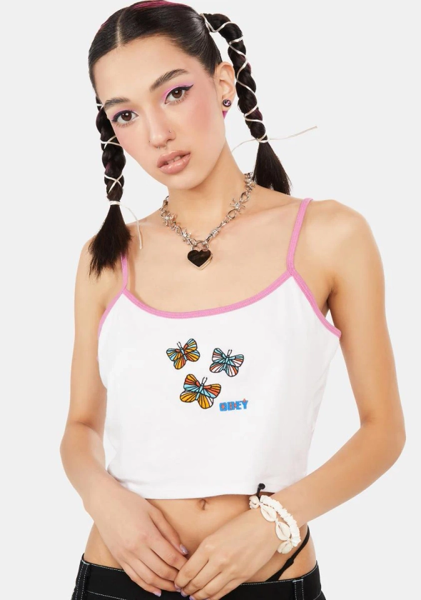 Obey Butterfly Embroidery Crop Ringer Tank Top - White