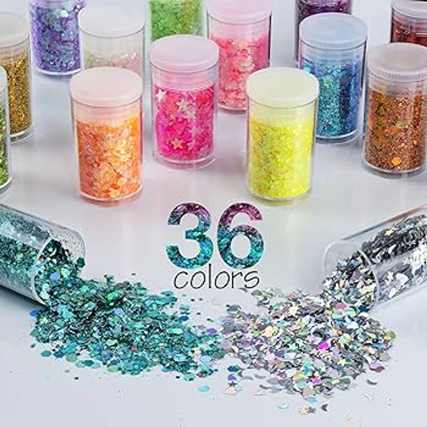 Holographic Chunky and Fine Glitter Mix, 36 Colors Chunky Sequins & Glitter Powder Mix, Iridescent Cosmetic Glitter Flakes for Nail Art Face Body Eye Makeup, Craft Glitter for Epoxy Resin Tumblers