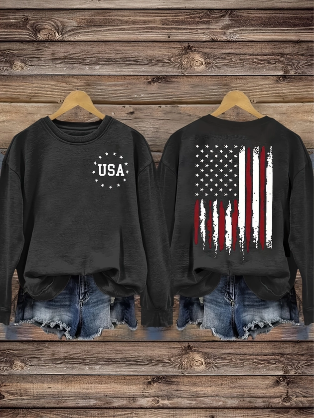 USA Print Pullover Sweatshirt, Casual Long Sleeve Crew Neck Sweatshirt For Fall & Winter, Women's Clothing