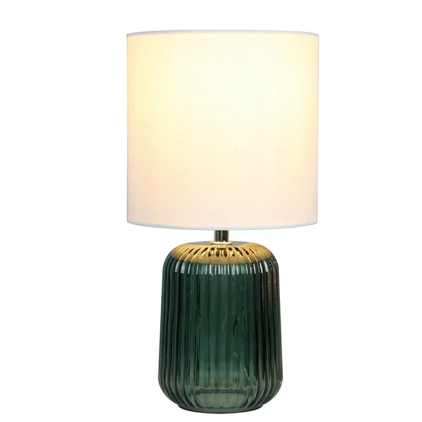Mainstays 12.75"H Mini Green Glass Stripe Table Lamp with White Lamp Shade