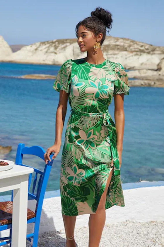 Friends Like These Green Flutter Sleeve Printed Satin Midi Summer Dress