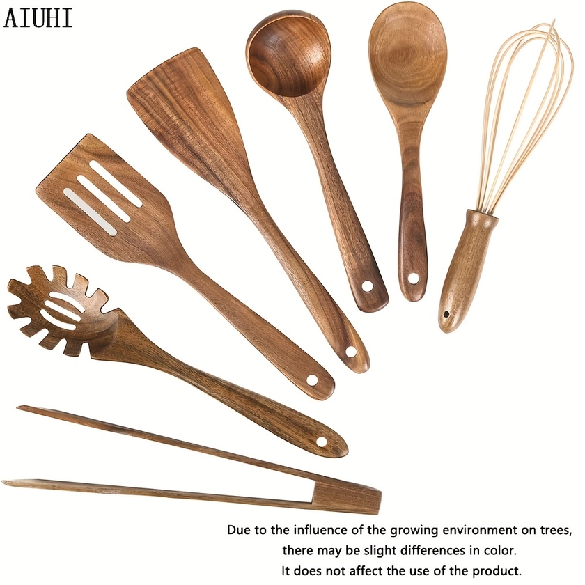 7 ustensiles en bois pour la cuisine, ensemble d&#39;ustensiles de cuisine en bois, ensemble de cuillères en bois de teck pour la cuisine, spatules antiadhésives pour ustensiles de cuisine, cuillère de cuisine, fournitures de rentrée scolaire, accessoires de cuisine