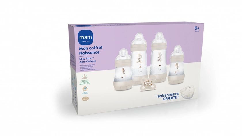 Mon coffret naissance Easy start anti-colique MAM - 4 biberons + 1 sucette + 1 boite doseuse offerte