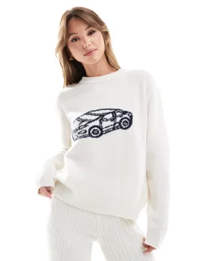 ASOS DESIGN knitted jumper with car graphic in ecru