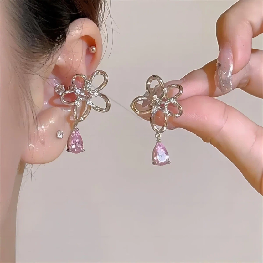 Pink Crystal Floral Dangle Ear Cuff Earrings