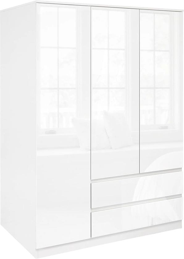 Blisswood High Gloss 3 Door Wardrobe White With Shelf & 2 Drawer Storage and Hanging Rail, MDF Wooden Double Wardrobe Large Cupboard Bedroom Storage Furniture For Bedroom : Amazon.co.uk: Home & Kitchen