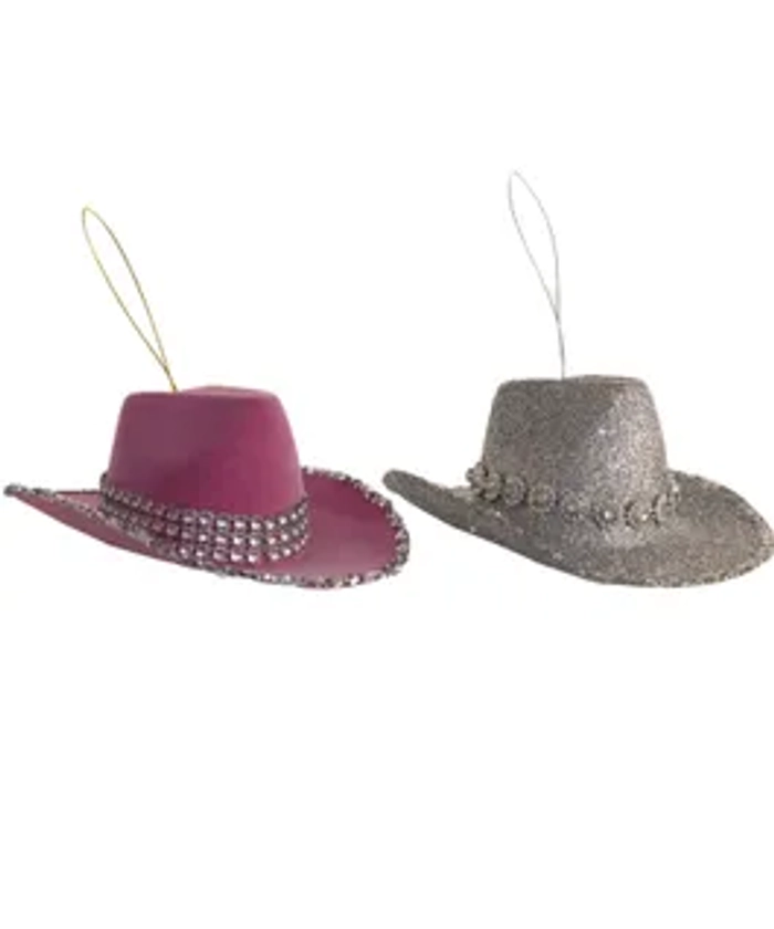 Pink and Silver Flocked Cowgirl Hat Ornaments, 2 Assorted