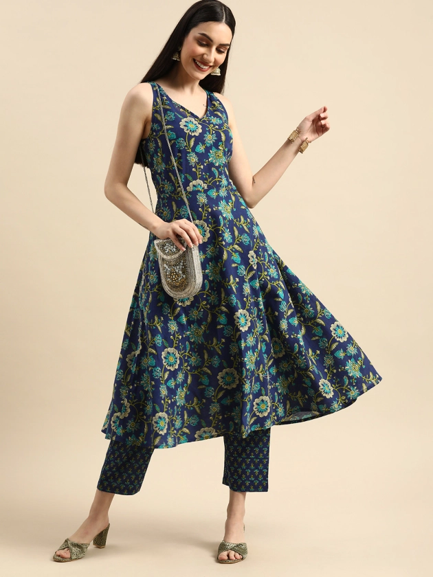 Anouk Women Navy Blue Floral Printed Styled Back Pure Cotton Kurta with Trousers