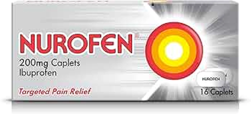 Nurofen Ibuprofen Tablets, 200mg, 16 Caplets, Pain Relief, Headache, Migraines, Cold and Flu, Back Pain Relief, Painkiller, 8 Hours Pain Relief, Cold and Flu, Over-The-Counter Medication