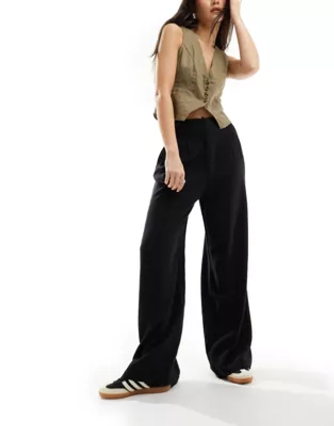 ASOS DESIGN - Pantalon taille haute à pinces en lin mélangé - Noir