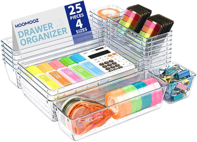 HOOMOOZ Lot de 25 Organisateurs de Tiroirs en Transparent, Rangement Maquillage Tiroir avec 5 Tailles, Rangement Tiroir Plastiaque pour Papeterie Bijoux Cosmétiques, Cuisine Chambre Salle de Bain