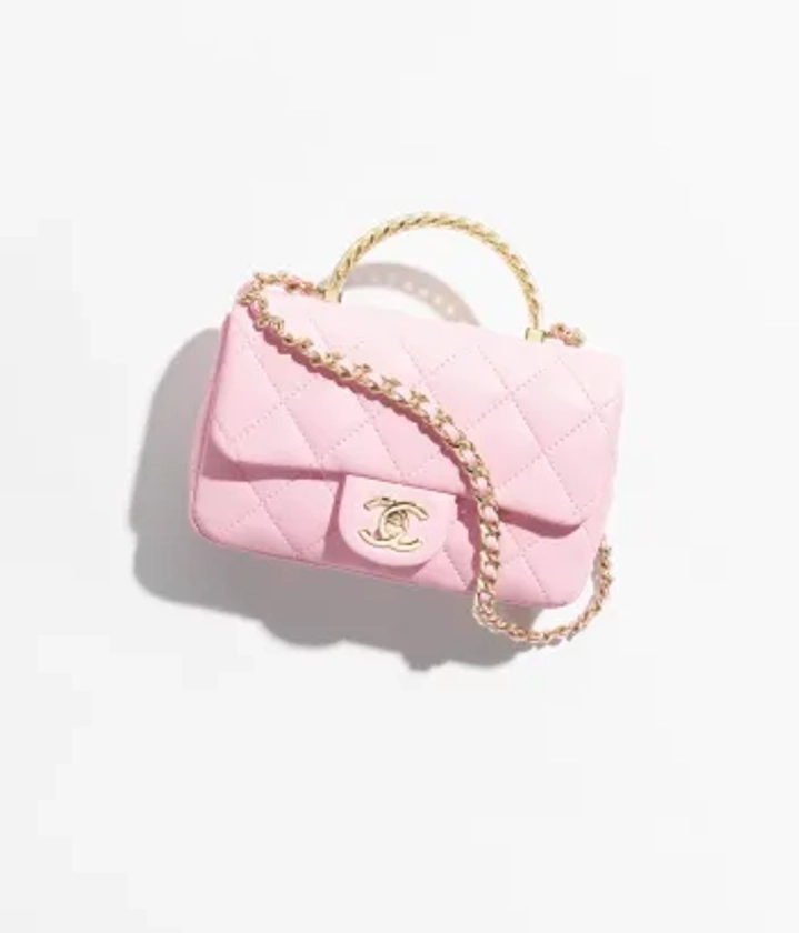 Mini flap bag with top handle, Lambskin, resin & gold-tone metal, light pink — Fashion | CHANEL
