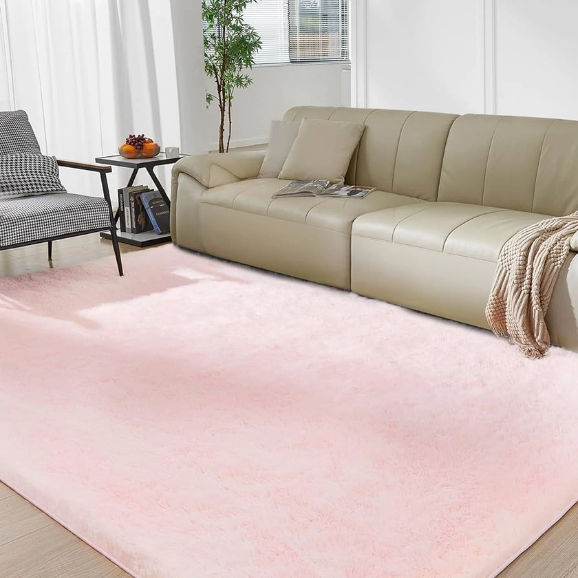 Ultra Soft Rug for Living Room, 4X5.8 Fluffy Shag Area Rug for Bedroom, Modern Shaggy Carpets Fuzzy Rug for Teens Dorm Nursery Home Decor Aesthetic, Upgrade Anti-Skid Durable, Pink