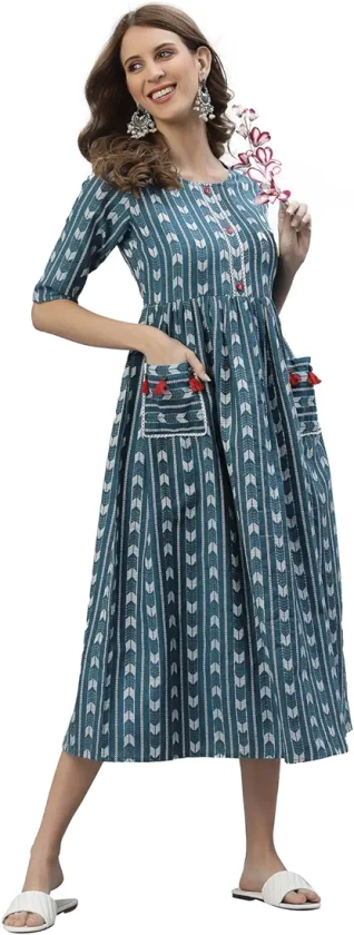 Stylum Women's Self Design Cotton Blend Flared Kurta (POPPYTEAL38_Teal Blue, M) : Amazon.in: Fashion