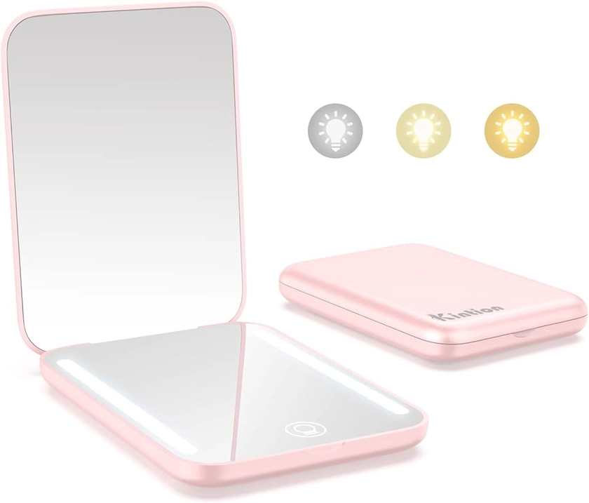 Amazon.com: Kintion Rechargeable Pocket Mirror, Double Sided 1X/3X Magnification Compact Vanity Mirror, 3 Color Lights, Dimmable, Small Portable Wallet Mirror, Lighted Travel Mirror for Women Gifts, Pink : Beauty & Personal Care