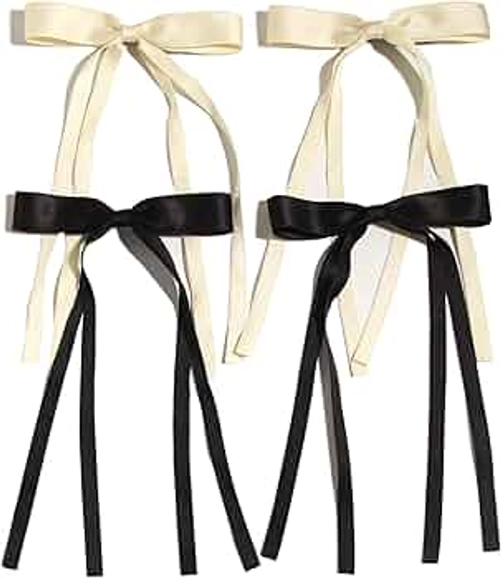 4pcs Hair Clips for Women Tassel Ribbon Bowknot With Long Tail, Clip Girl, Solid Accessories Barrettes Claw Bow (Black&Beige)