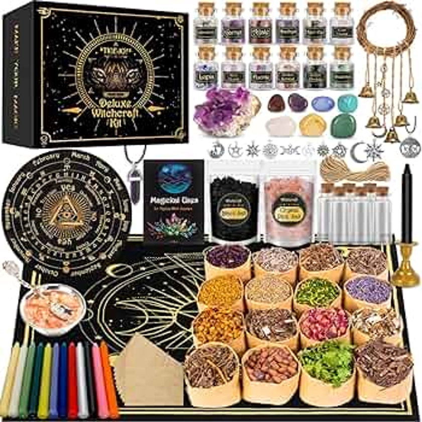 TigeJoy All in One Witchcraft Supplies Witch Stuff Spell Kit 88 PCS, Wiccan Supplies and Tools, Include Herb Crystal Candle Amethyst Pendulum, Witch Gift Wiccan Starter Kit Altar Supplies Pagan Decor