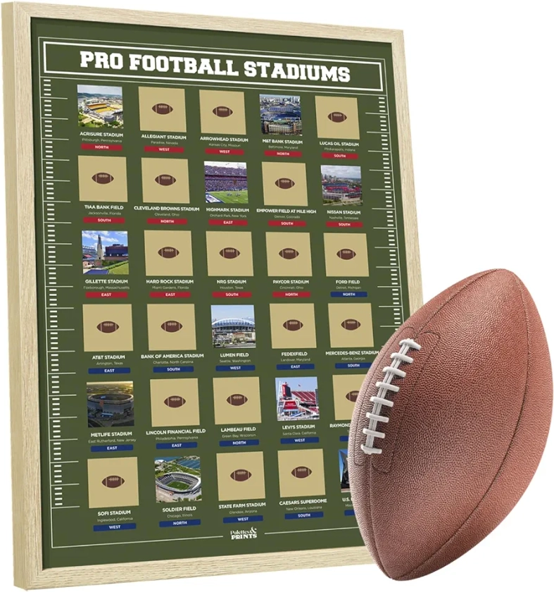 Framed Football Stadiums Scratch Off Poster - Football Stadiums Scratch Off Map - Track Your Football Journey - Football Posters - Ultimate Gift for Football Fans & Dads - All 30 Pro Football Stadiums