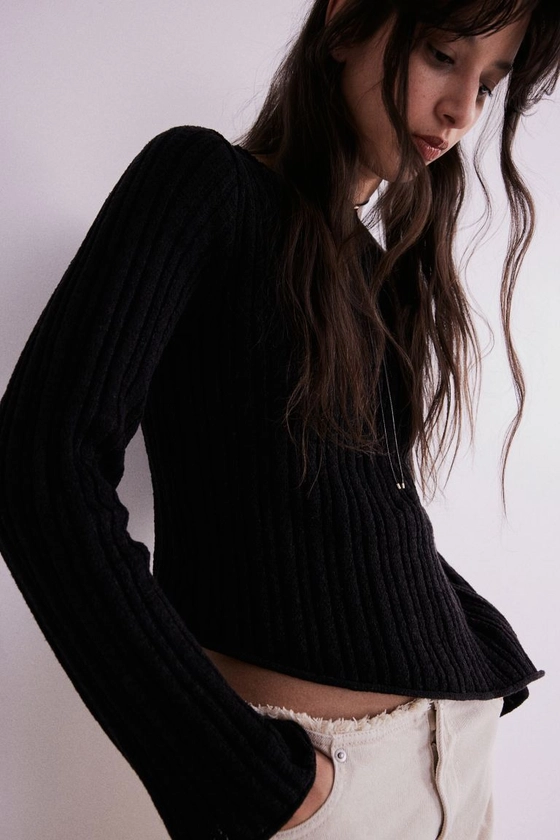 Asymmetric-hem rib-knit jumper - Black - Ladies | H&M GB