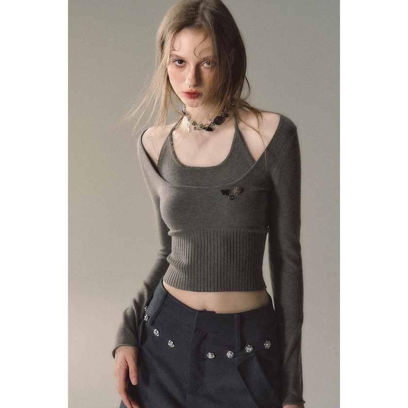 Dark Grey Knit Slim Top - Authentic 2-Piece Design