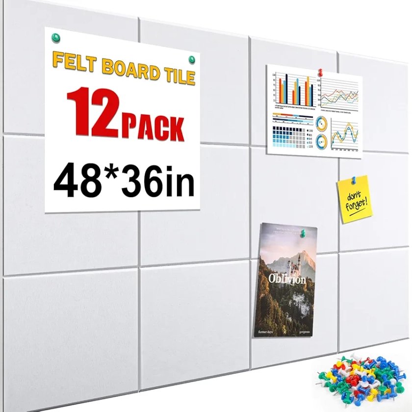 12 PCS Large Cork Boards Alternative，36”x48” Reusable Felt Wall Tile with 70 Pins,64 Safe and Removable Non-Marking Adhesives,Bulletin Boards for Walls, Office, Classroom，Living Room, Dartboard-White