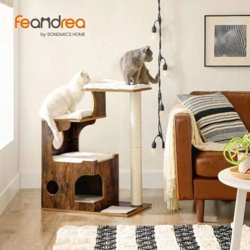 FEANDREA Arbre à Chat, Hauteur 86cm, 3 Plate-Formes et 1 Grotte, Panneau MDF avec placage de Bois, Poteau en sisal, Imitation Fourrure Lavable, Style Vintage, Brun Rustique et Blanc