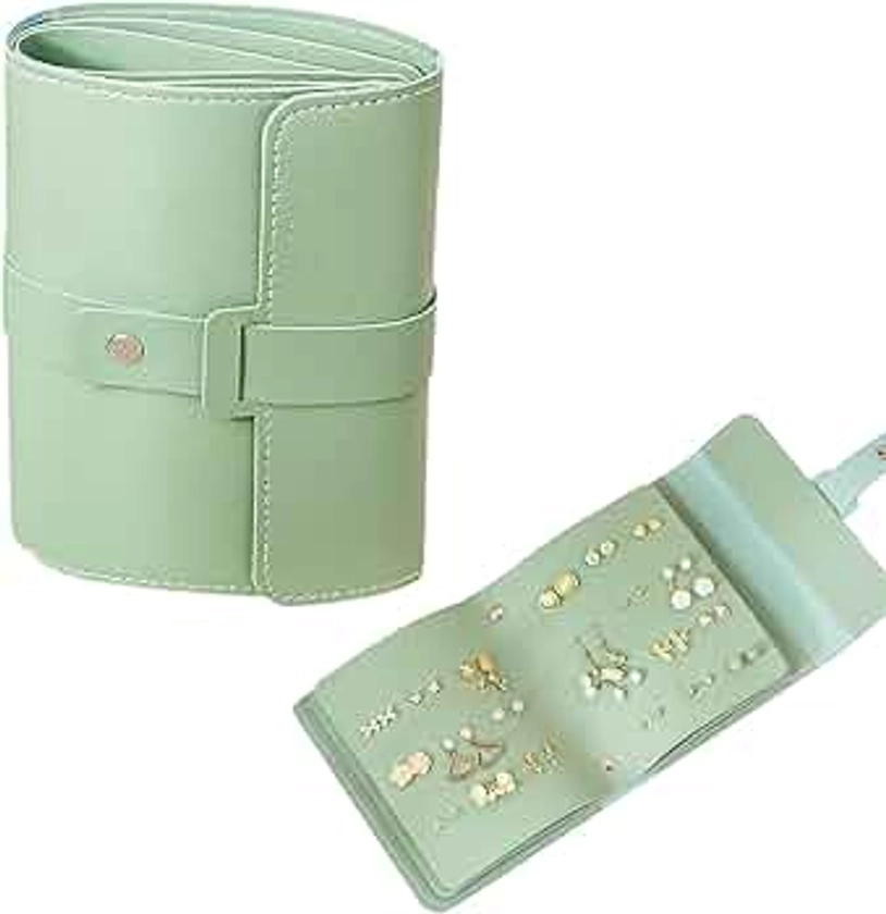 KMZ Earring Book, Jewellery Rolls for Travelling Earring Box Supple PU Leather Portable Little Book of Earrings Organiser for Keeping Your Earrings Rings Necklaces Bracelets Safe (Green)