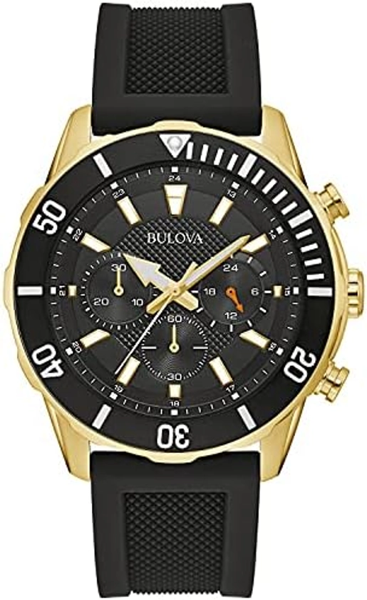 Bulova - Reloj deportivo de cuarzo con cronógrafo de 6 manos para hombre con correa de silicona, 24 horas, fecha de calendario, manecillas y marcadores luminosos, resistente al agua de 100 m, 44 mm