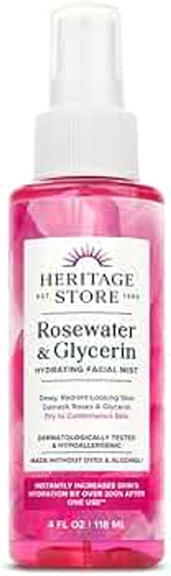 HERITAGE STORE Rosewater & Glycerin Hydrating Facial Mist - Dry Combination Skin Care - Rose Water Spray w/ Vegetable Glycerine, Made Without Dyes or Alcohol, Hypoallergenic, Vegan, Cruelty Free, 4oz