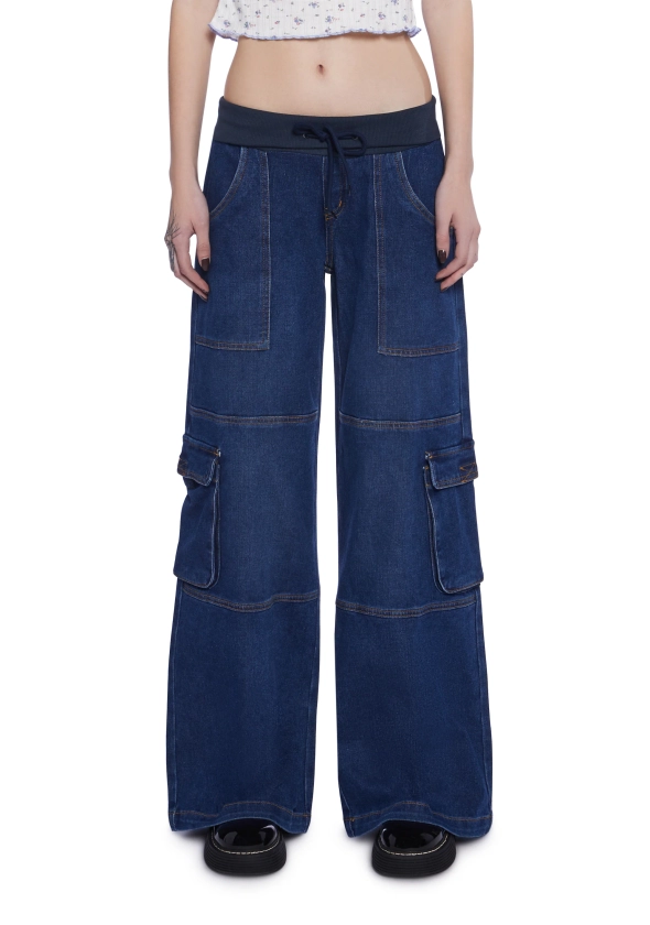 Delia's Fold-Over Waist Wide Leg Denim Jeans - Blue