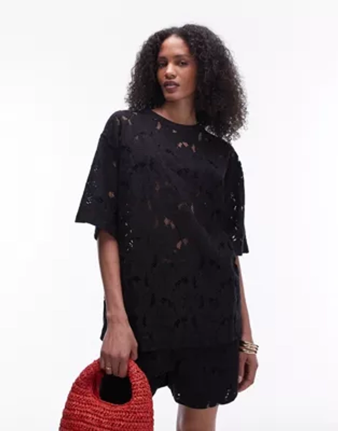 Topshop co ord lace oversized tee in black
