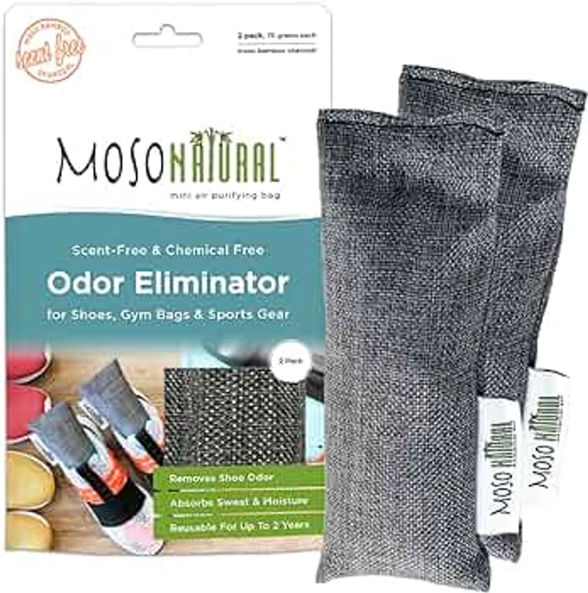 Moso Natural Shoe Odor Absorbers. A Scent Free Odor Eliminator for Shoes, Gym Bags and Sports Gear. Premium Moso Bamboo Charcoal Air Purifying Bag and Deodorizer. (One Pack of Two 75g Bags)