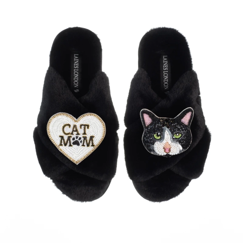 Classic Laines Slippers With Cat Mum/Mom & Oreo Cat Brooches - Black by LAINES LONDON