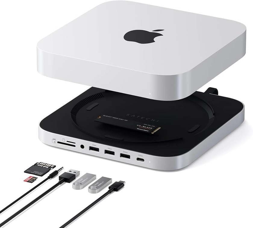 SATECHI Hub & Support pour Mac Mini avec Boîtier SSD pour NVMe/SATA M.2, Dock Mac Mini avec USB-C 10Gb/s, 3 USB-A 5/10Gb/s, Jack Audio 2.0, pour Mac Mini M2/M1, Mac Studio - Argent