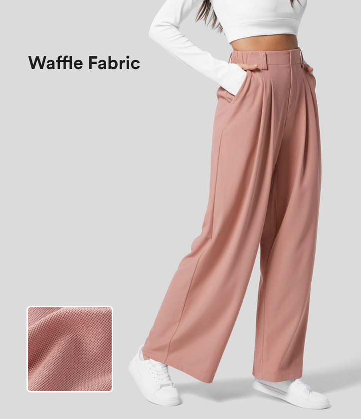Women’s High Waisted Plicated Side Pocket Wide Leg Waffle Work Pants - Halara 
