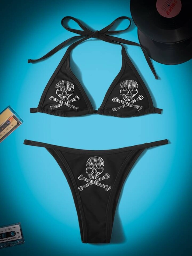 ROMWE Grunge Punk Skull Rhinestone Bikini Set Triangle Bra & Thong Bottom 2 Piece Gothic Bathing Suit,Summer Beach