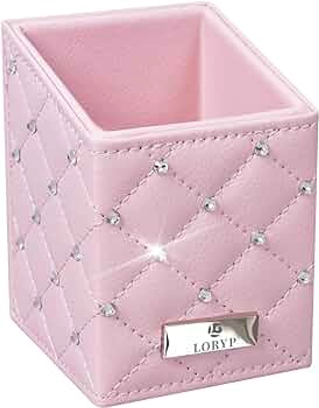 LORYP Makeup Brush Holder Crystal Brushes Cup Pink PU Make up Brush Case Bag Storage for Women (Pink-Large)
