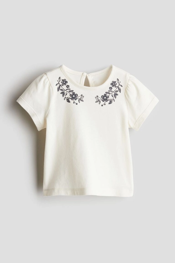 Printed jersey top - Round neck - Short sleeve - White/Flowers - Kids | H&M GB