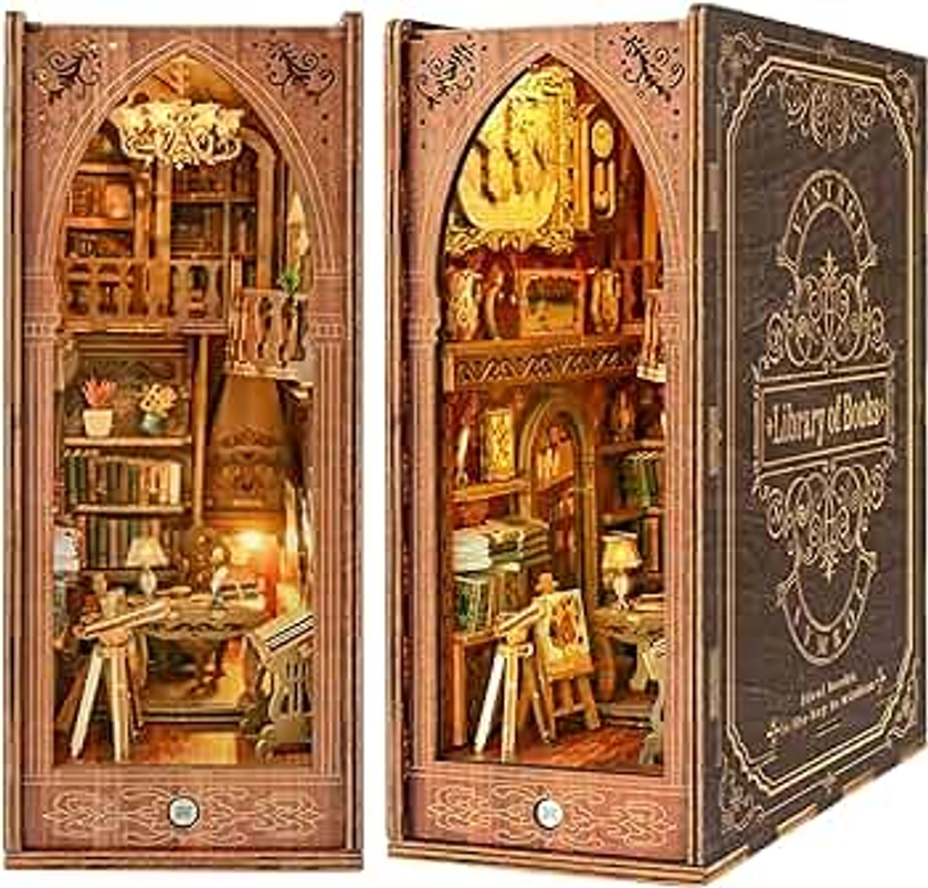 Abuesce Book Nook Kit for Adults, DIY Booknook Miniature Dollhouse with LED Lights 3D Wooden Puzzle Bookend for Bookshelf Decor, Tiny Model Craft Kits to Build