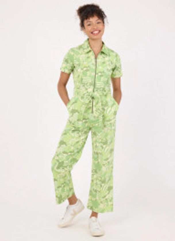 Mork Green Floral Print Short Sleeve Boilersuit