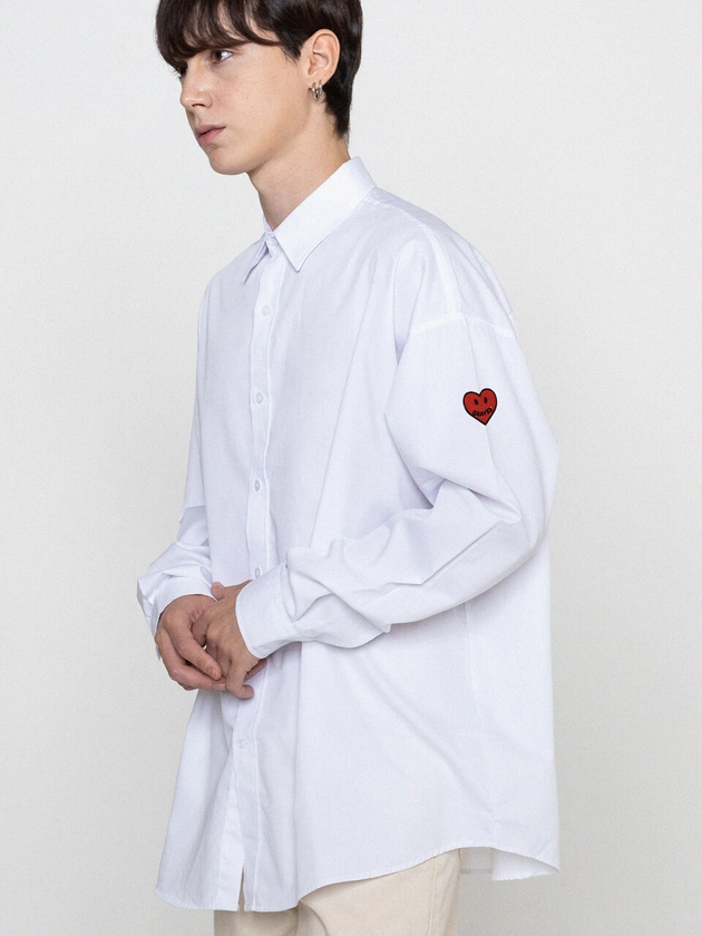 Sleeve Heart Logo Smile Oversized Shirt - White