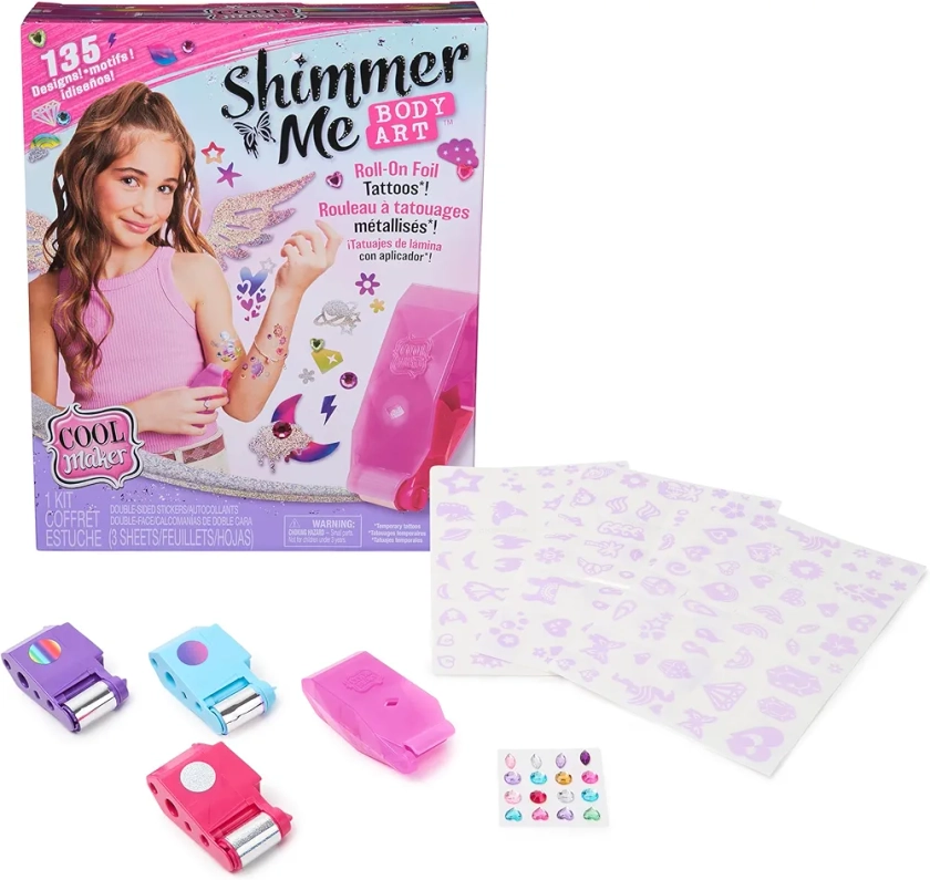 Cool MAKER - Shimmer Me Body Art - Tatouages Éphémères Personnalisables avec 1 Rouleau, 135 Motifs, 3 Cartouches de Couleurs et Accessoires - Kit de Loisirs créatifs - Jouet Enfant 7 Ans et +