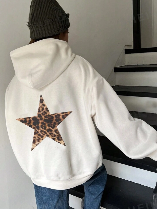 SHEIN EZwear Sweat-shirt à capuche pour femmes avec imprimé léopard et étoile