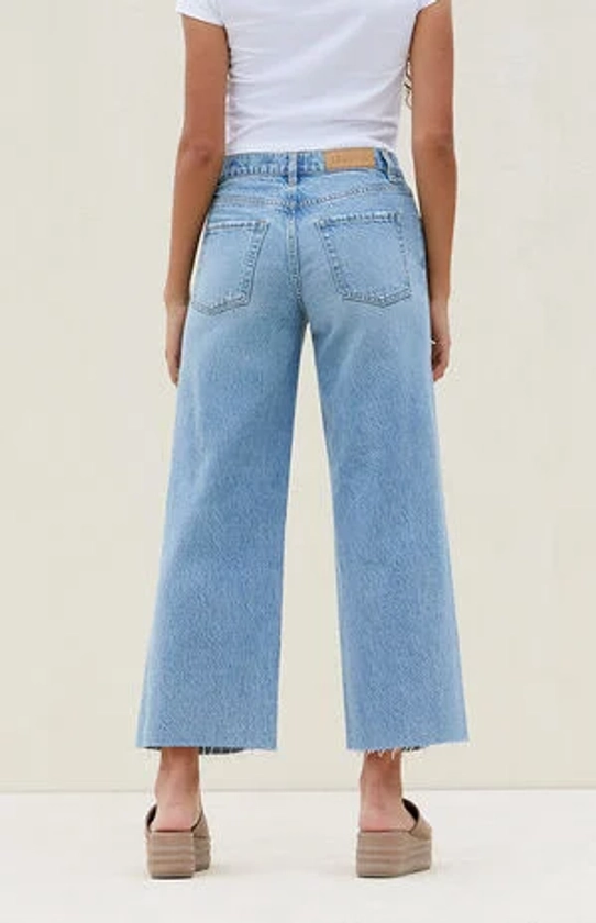 PacSun Medium Indigo Ripped Cropped Wide Leg Jeans | PacSun