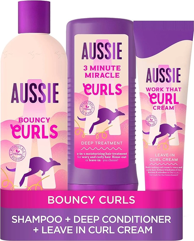Aussie Curls Shampoo and Conditioner Set with Leave In Conditioner Curl Cream, Curly Hair Products with Coconut Oil, Jojoba Oil & Macadamia Nut Oil 300/225 / 160 ml