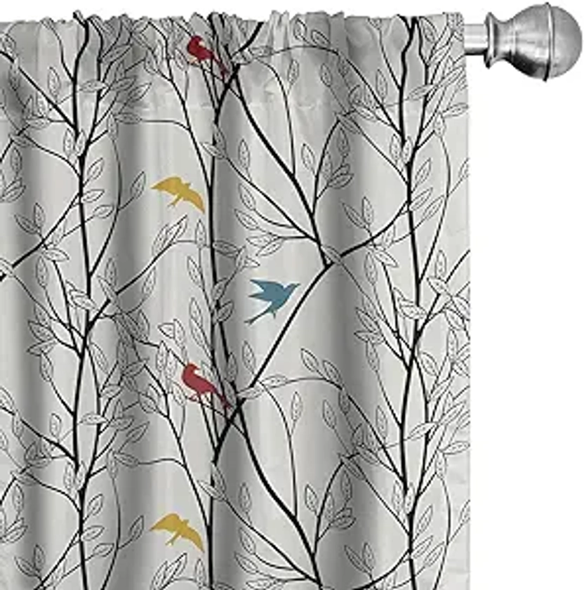 Ambesonne Forest Window Curtains, Woodland Inspired Abstract Design Leafy Tree Branches and Colorful Birds, Lightweight Decor 2-Panel Set with Rod Pocket, Pair of - 28" x 63", Coconut White