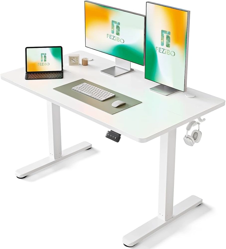 FEZIBO Bureau Assis Debout Électrique, 120 x 60 cmBureau Table Debout Réglable en Hauteur Acier T Pieds avec Système Anti-Collision, Panneau Contrôle à Fonctions Mémoires, Planche Blanc