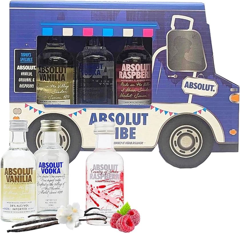 Absolut Vodka Vibe Gift Set - Flavoured Vodka Including Raspberry, Original & Vanilla Vodka 3x5cl Miniature Alcohol Bottles with Topline Card. Perfect for Stocking Fillers or Mens Secret Santa Gifts. : Amazon.co.uk: Grocery