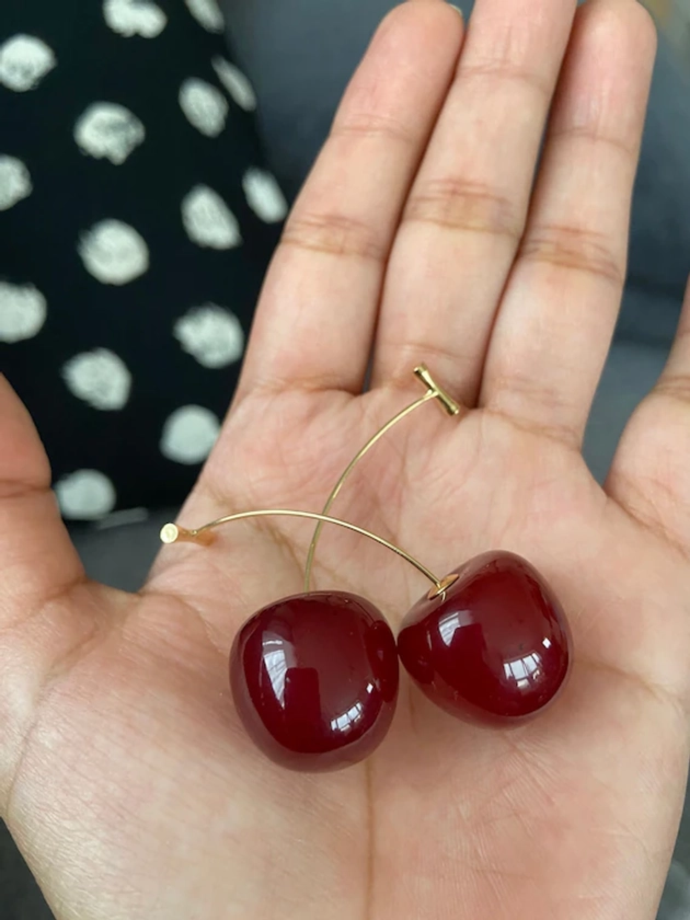 Cherry shaped earrings, Cute dropping kawaii red cherries statement earrings, big resin earrings, gift for her, food earrings