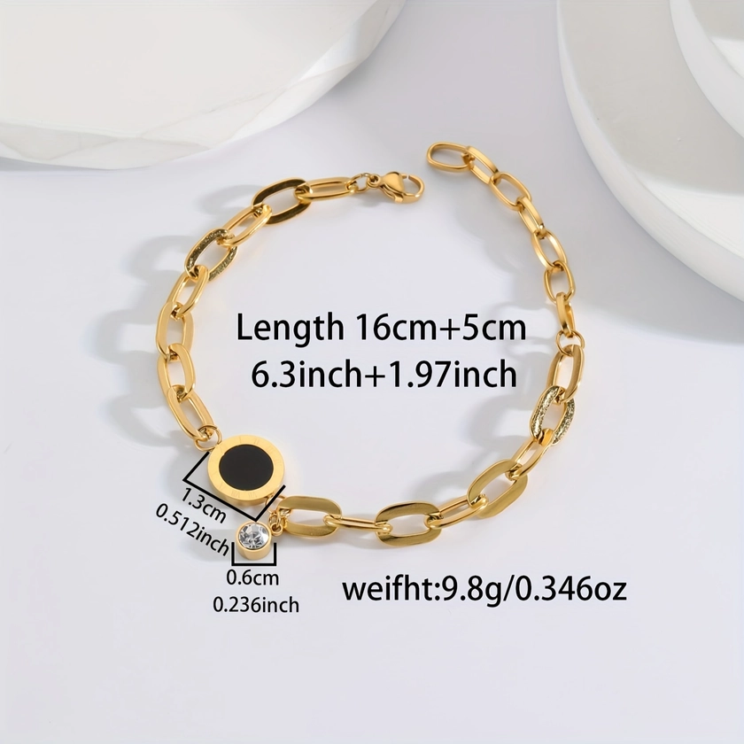 Vintage Elegant 18K Gold Plated Chain Bracelet with Roman Numeral Accent and Crystal Detail, 316 Stainless Steel, Versatile for Daily Wear and Parties